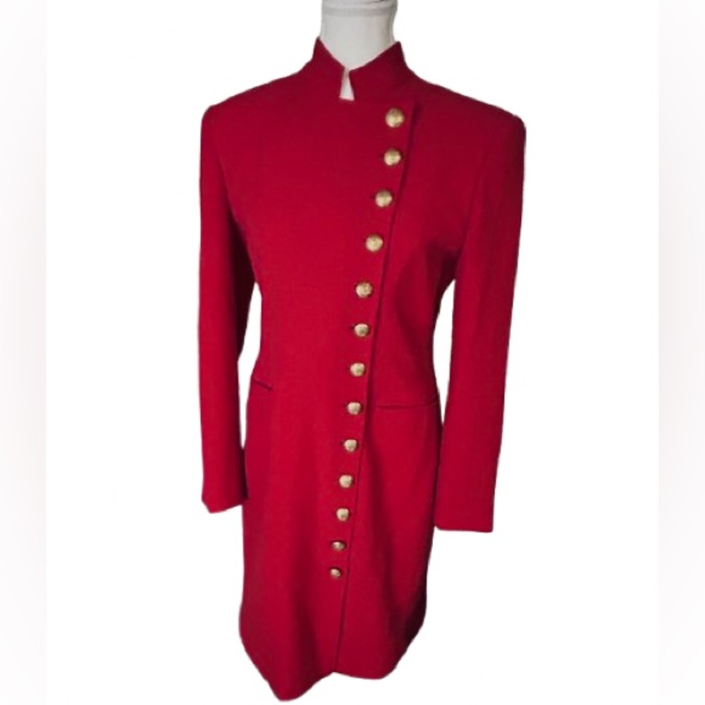 Vintage Ralph Lauren Red Jacket Wool Small Long Logo Gold Buttons Crest 80s 90s